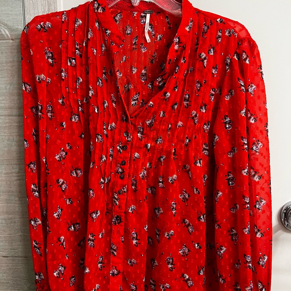 Free People XS Red Mesh Floral Blouse